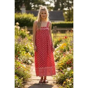 Ramona Rull Vintage Red Floral Cotton Sundress M Boho Sleeveless Pockets Casual